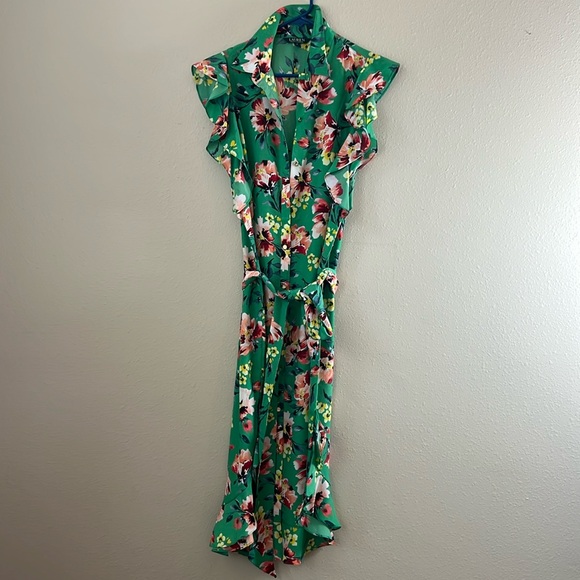 RALPH LAUREN DRESS, LONG GREEN FLORAL, BELTED/ BUTTON, SIZE 8 - Picture 2 of 7